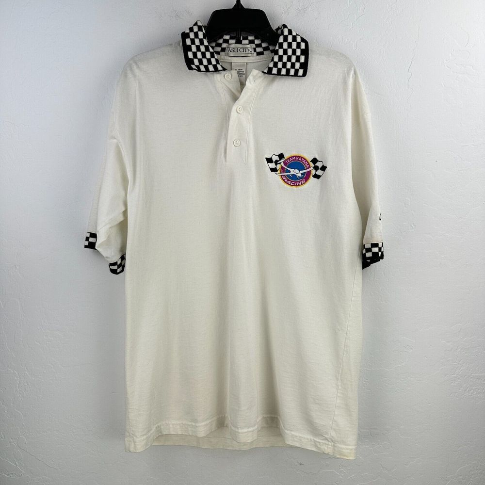Vtg Polo Shirt Mens M White Black Team Katana Racing Checkered Diamond Aircraft‎